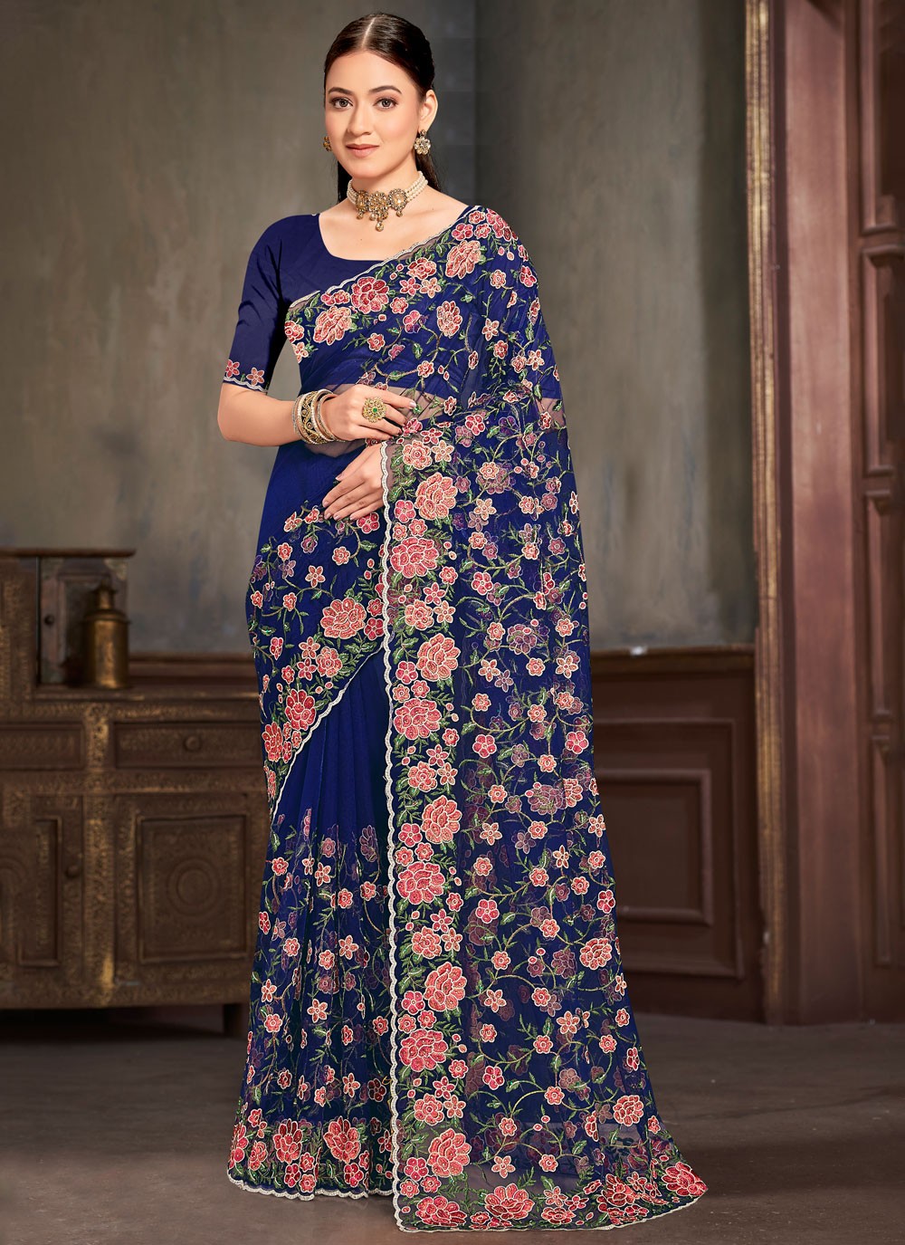 Embroidered Net Navy Blue Saree S14447