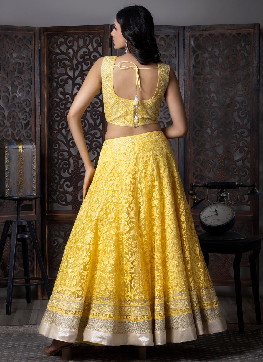 Embroidered Net Yellow Lehenga Choli L3717
