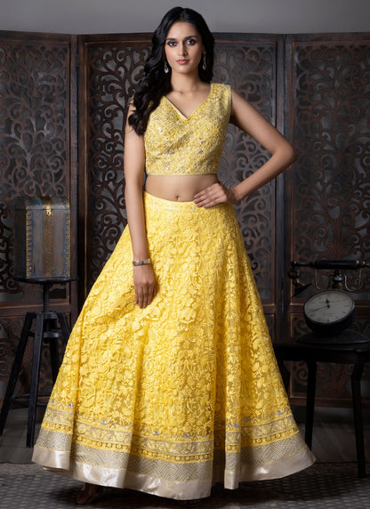 Embroidered Net Yellow Lehenga Choli L3717