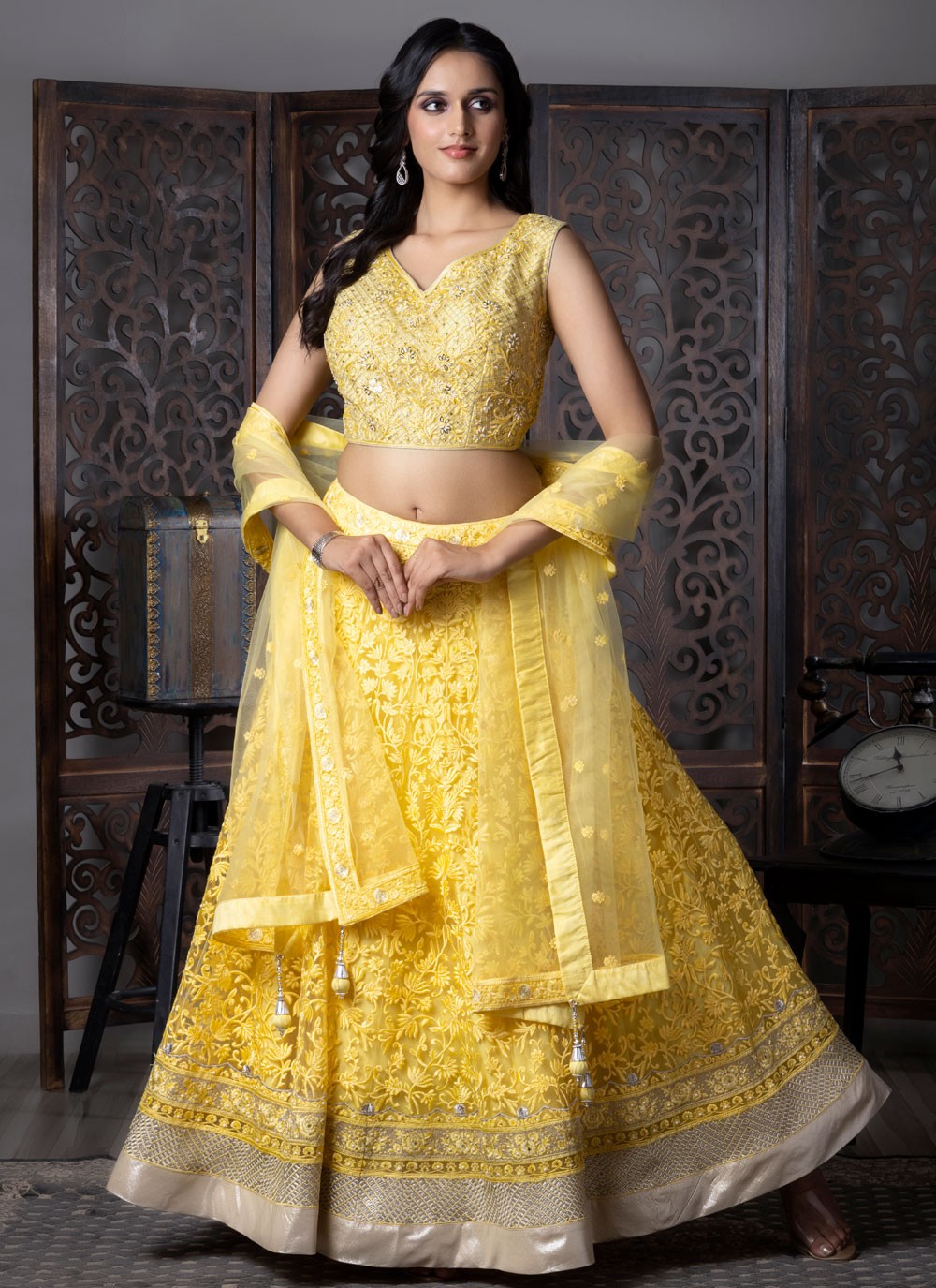 Embroidered Net Yellow Lehenga Choli L3717