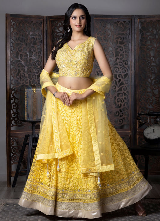 Embroidered Net Yellow Lehenga Choli L3717