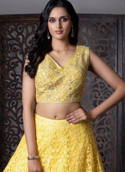 Embroidered Net Yellow Lehenga Choli L3717