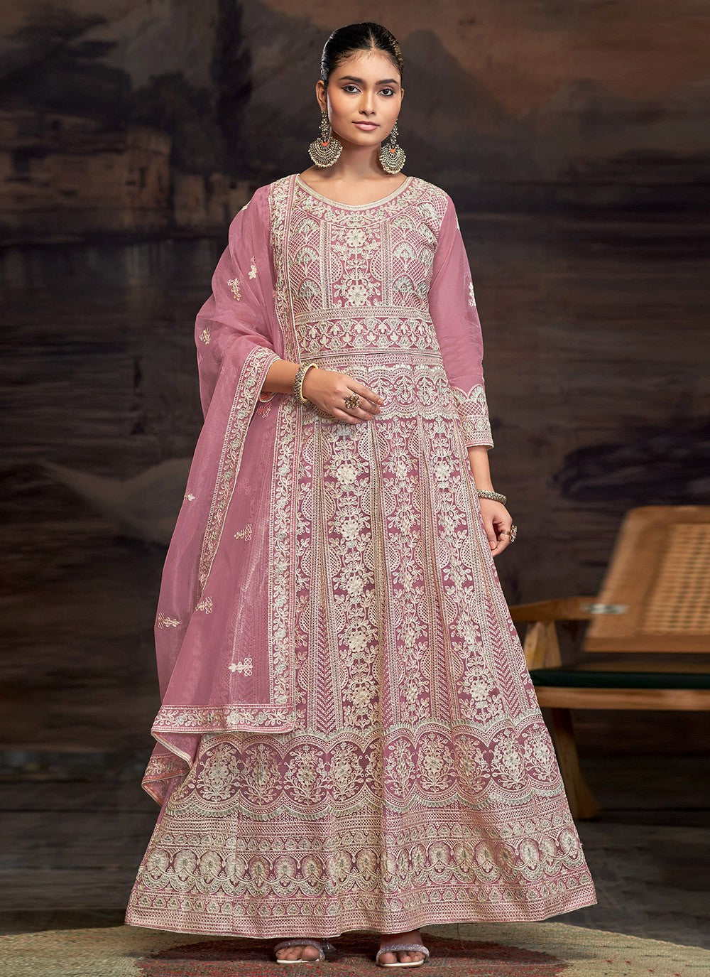 Anarkali Embroidered Pink T7008