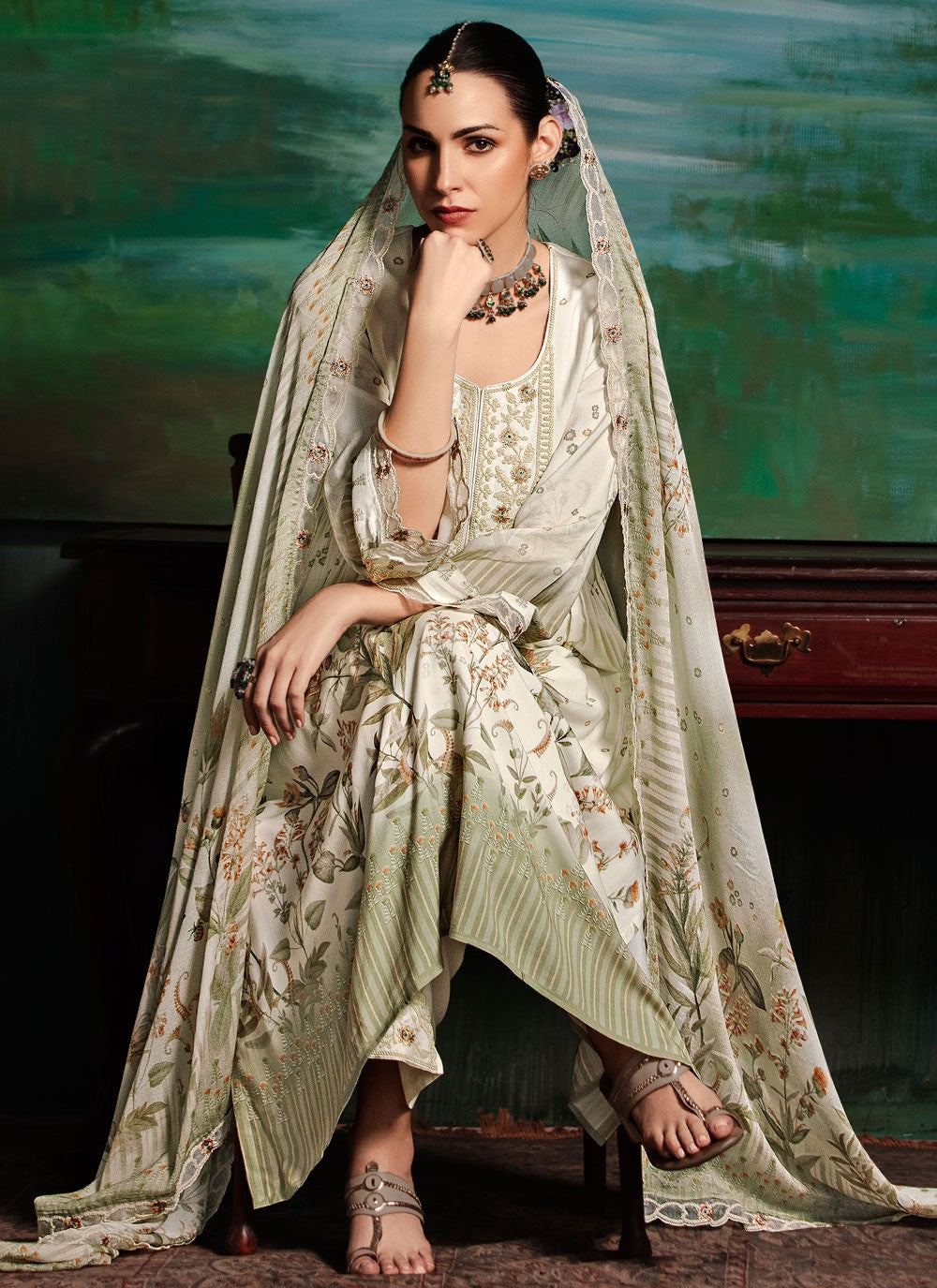 Salwar Suit Digital Print Off White Muslin T5788