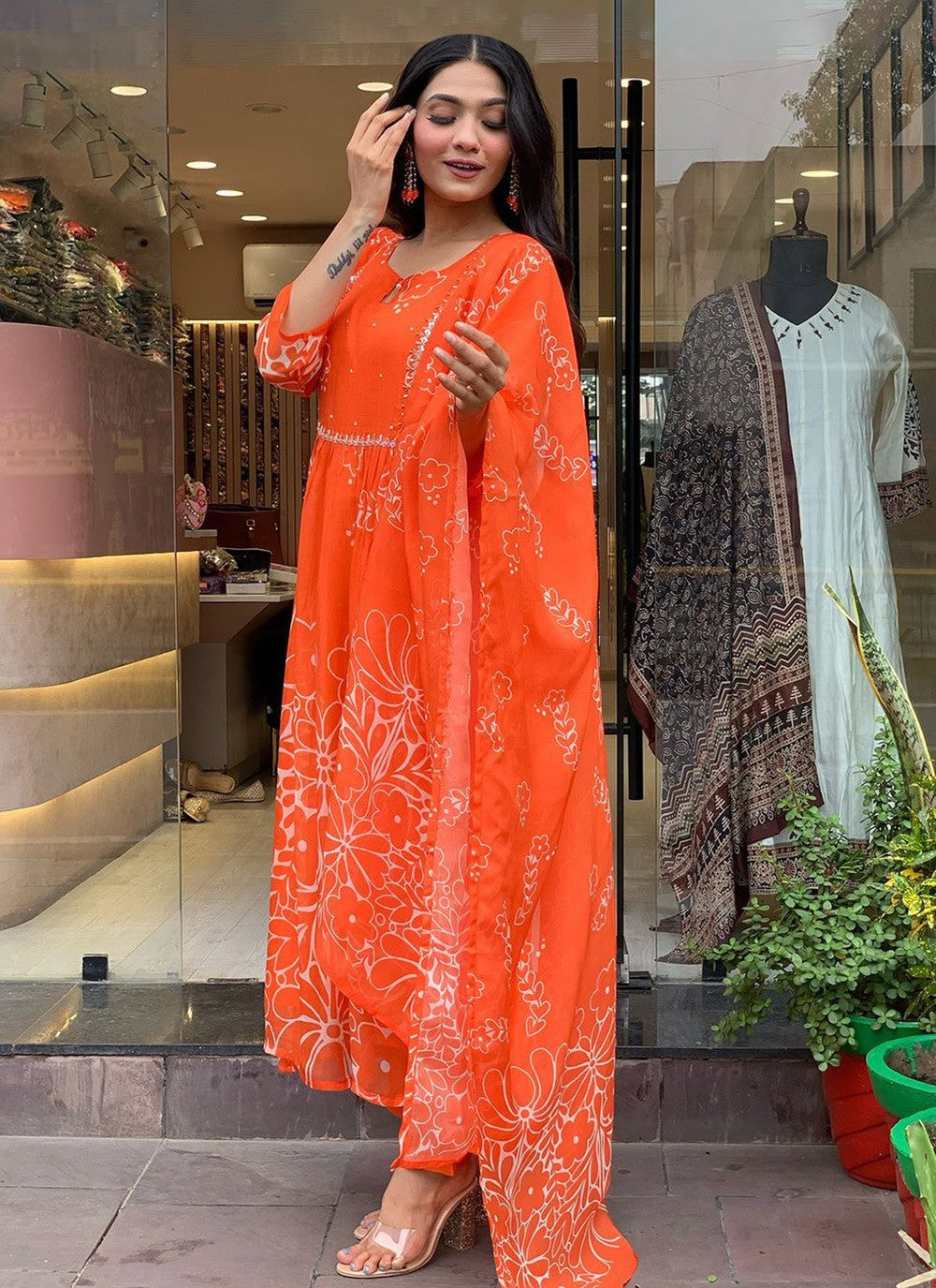 Embroidered Faux Georgette Orange Salwar Suit T6103