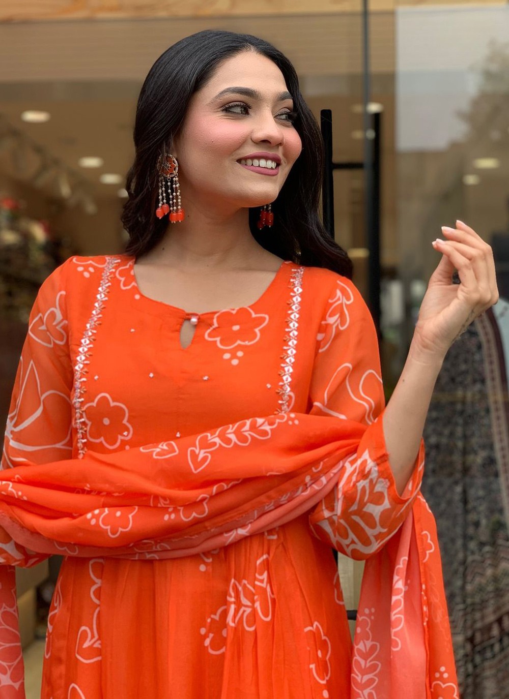 Embroidered Faux Georgette Orange Salwar Suit T6103