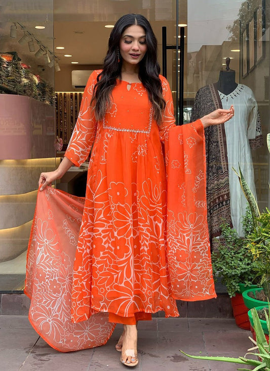 Embroidered Faux Georgette Orange Salwar Suit T6103