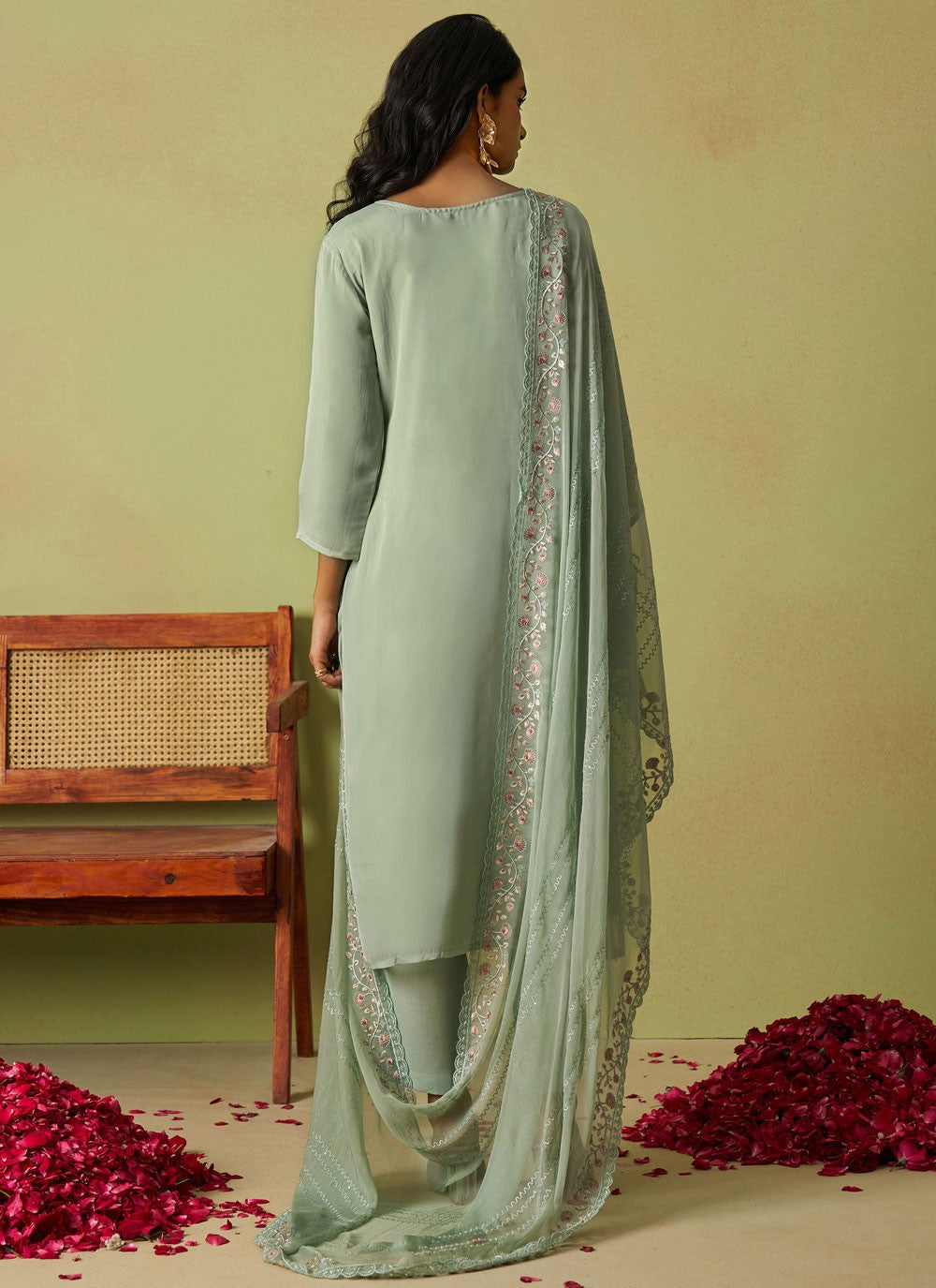 Embroidered Organza Sea Green Pant Style Suit T6145