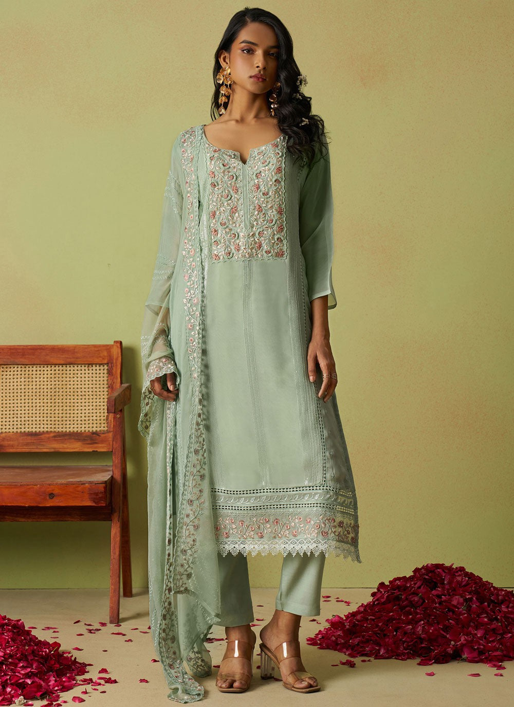 Embroidered Organza Sea Green Pant Style Suit T6145