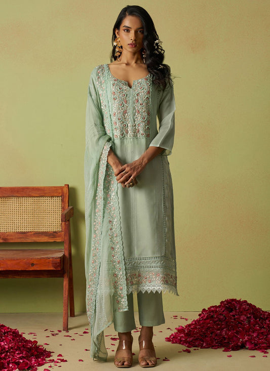 Embroidered Organza Sea Green Pant Style Suit T6145