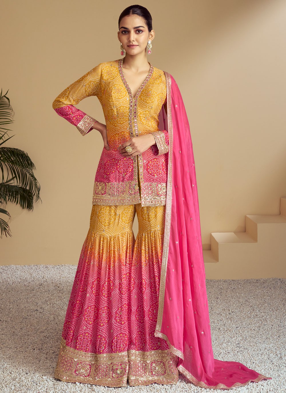 Sharara Suit Digital Print, Embroidered Pink T8837