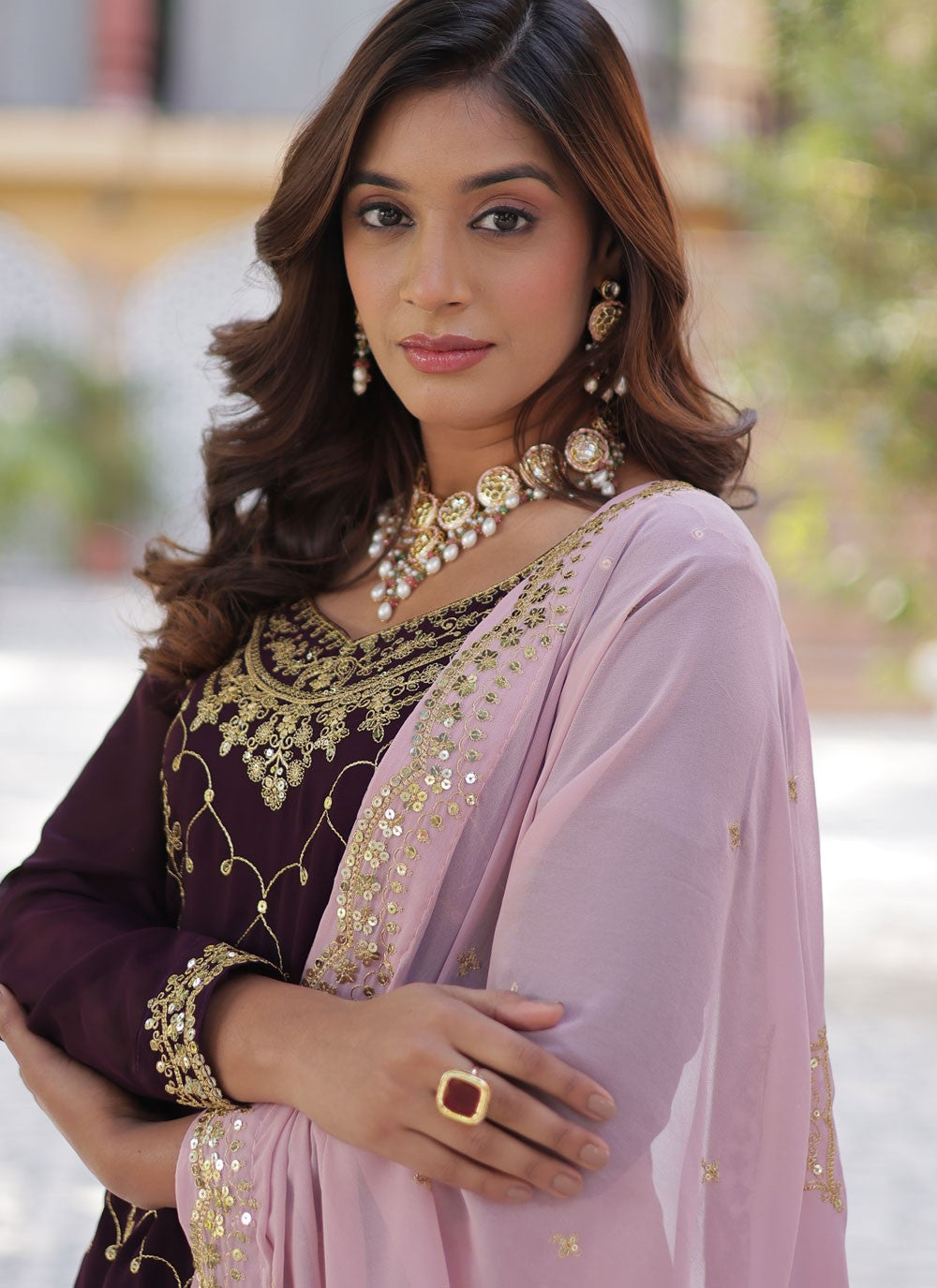 Palazzo Suit Embroidered Wine Faux Georgette T5393