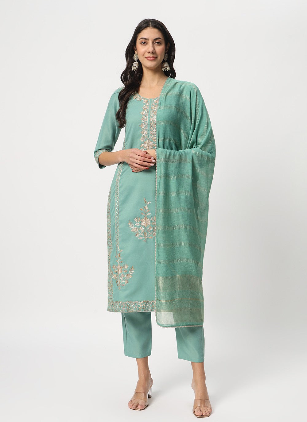 Embroidered Cotton Pant Style Suit - T4519