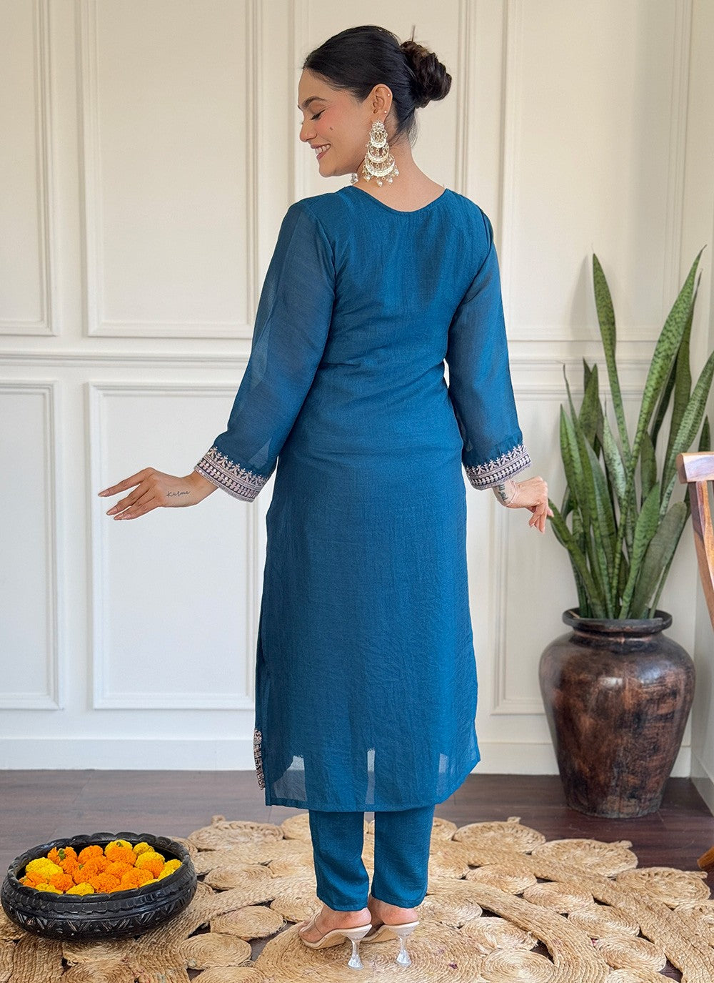 Embroidered Vichitra Silk Pant Style Suit - T4686