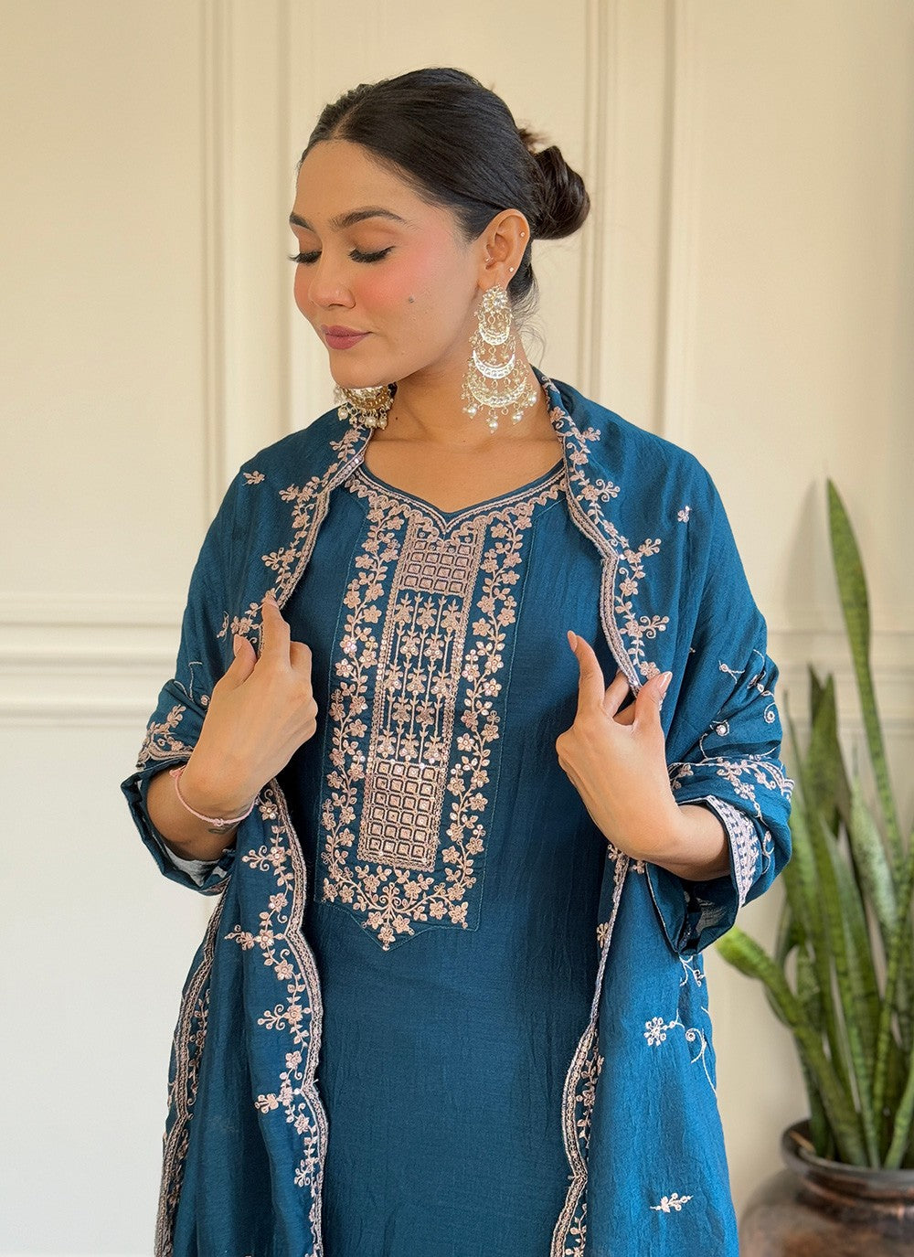 Embroidered Vichitra Silk Pant Style Suit - T4686
