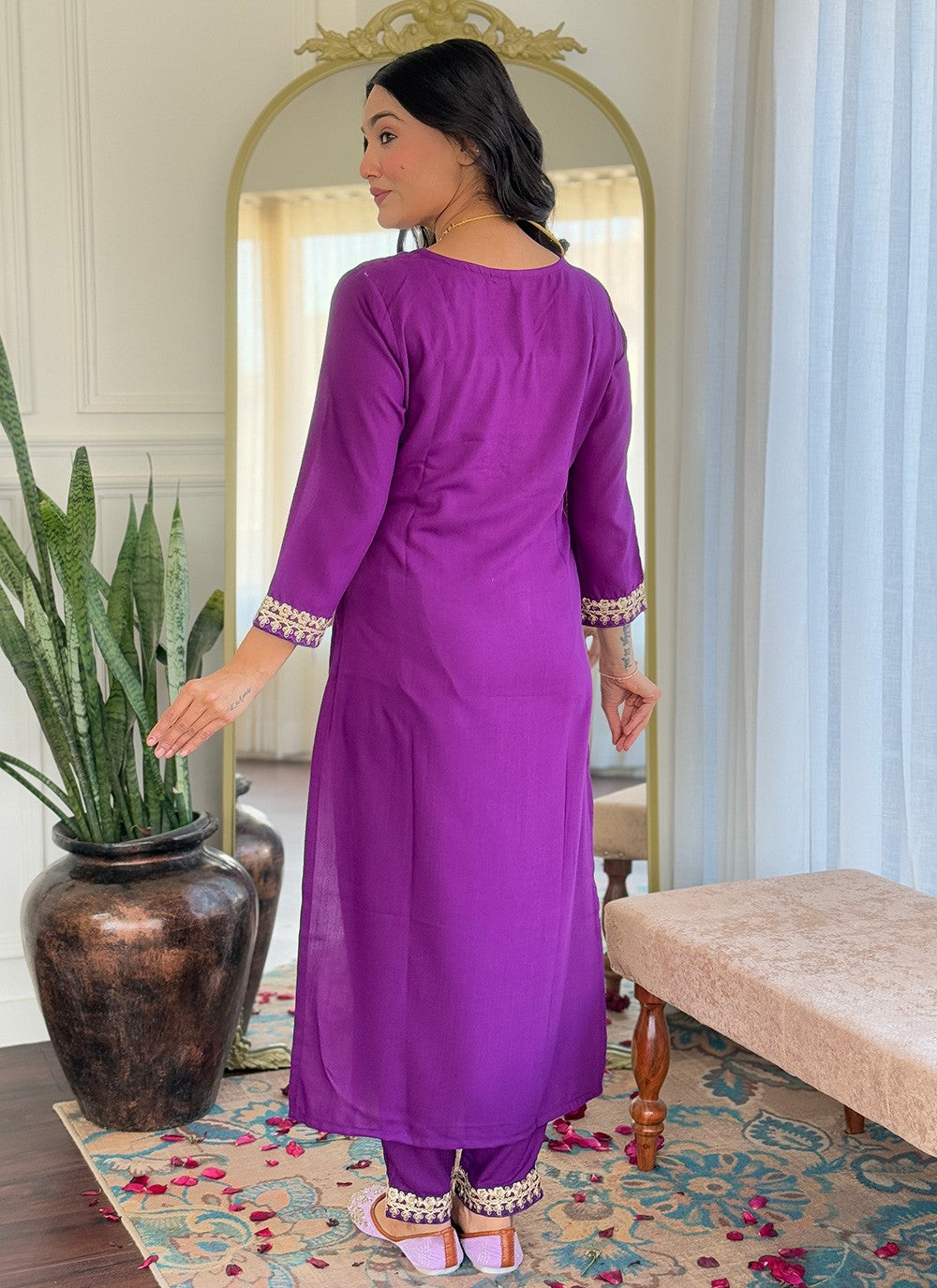 Pant Style Suit Embroidered Wine Viscose T5815