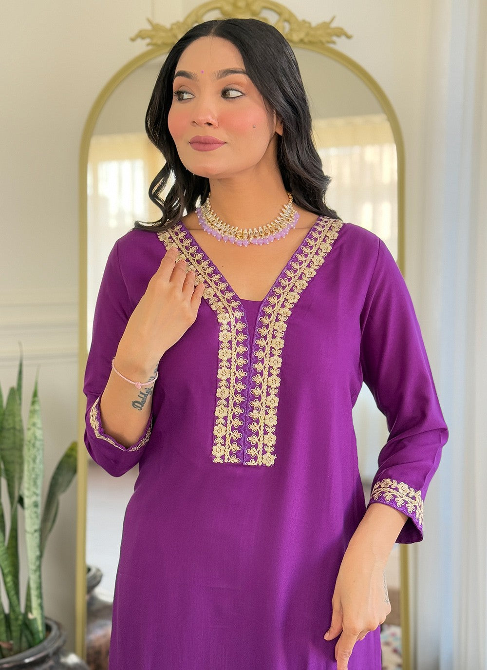 Pant Style Suit Embroidered Wine Viscose T5815