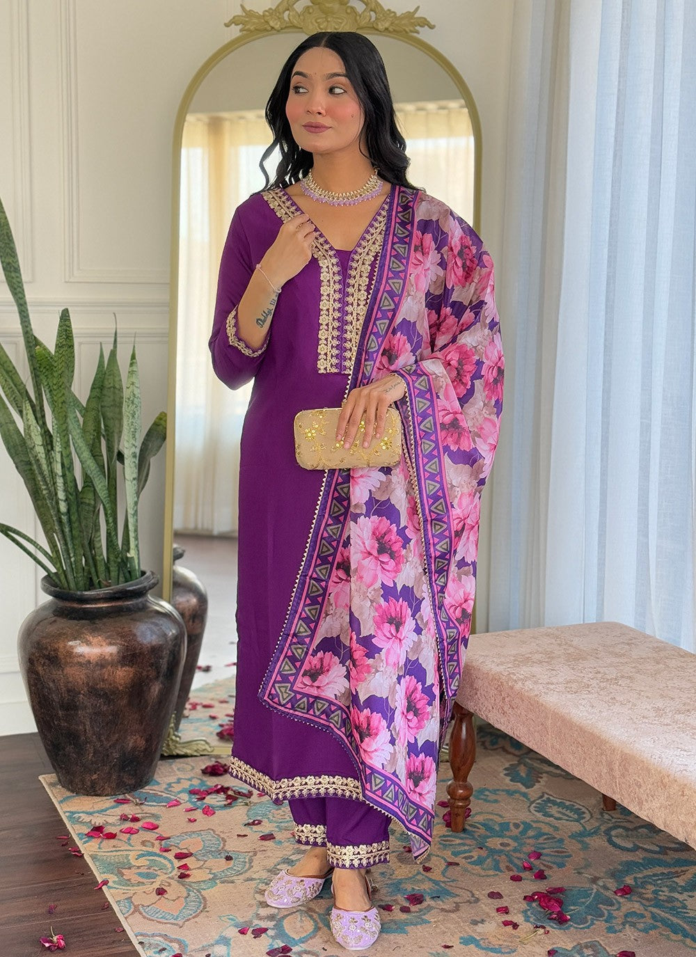 Pant Style Suit Embroidered Wine Viscose T5815