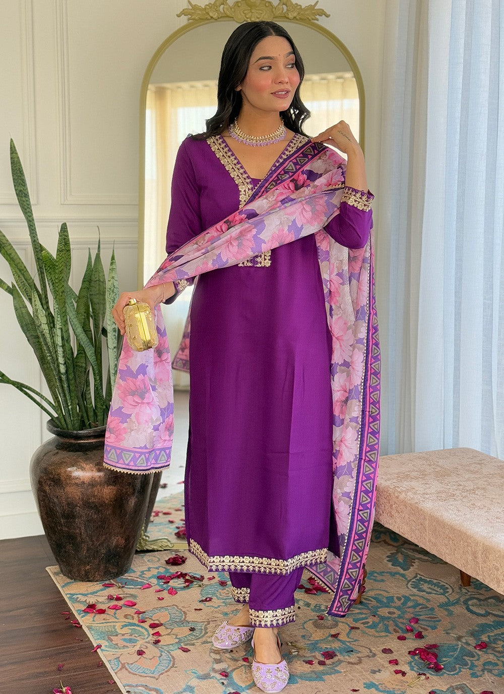 Pant Style Suit Embroidered Wine Viscose T5815