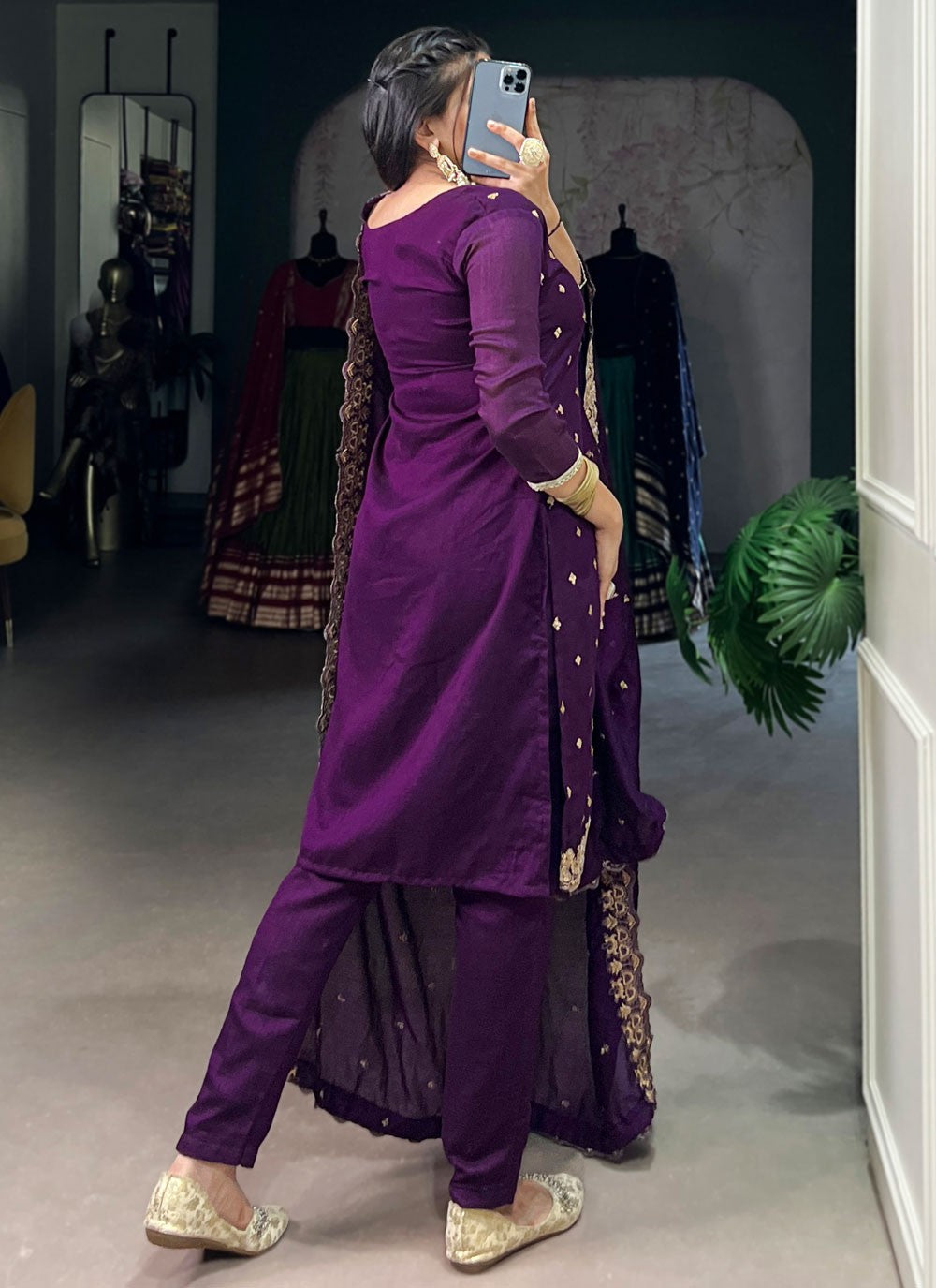Pant Style Suit Embroidered, Zari Purple T7108