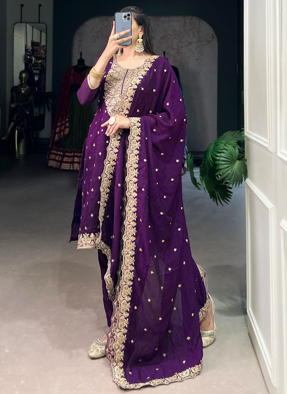 Pant Style Suit Embroidered, Zari Purple T7108