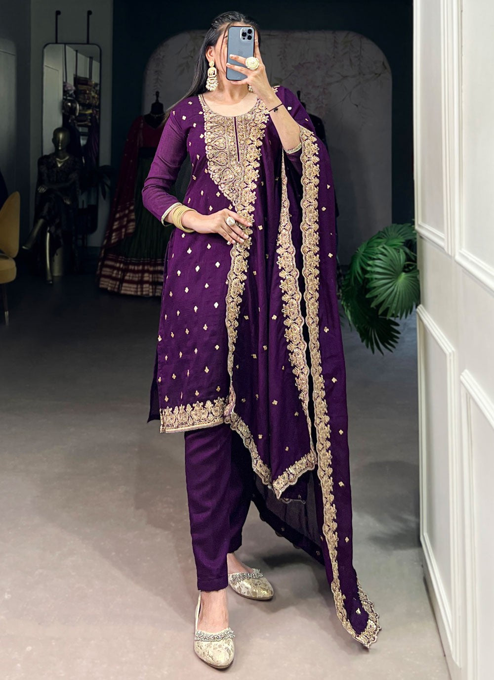 Pant Style Suit Embroidered, Zari Purple T7108