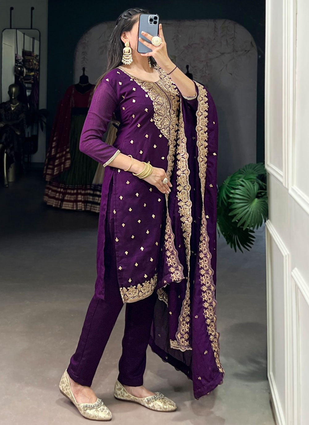 Pant Style Suit Embroidered, Zari Purple T7108