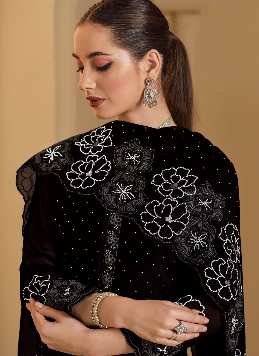 Pant Style Suit Embroidered, Swarovski Black T7250