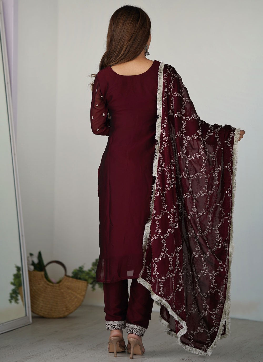 Pant Style Suit Embroidered Maroon T7635