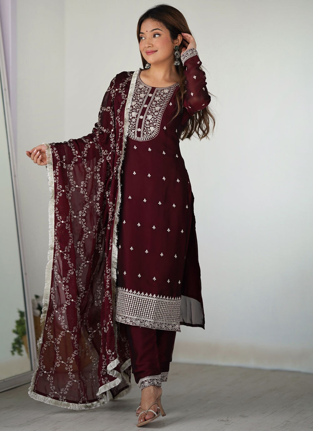 Pant Style Suit Embroidered Maroon T7635
