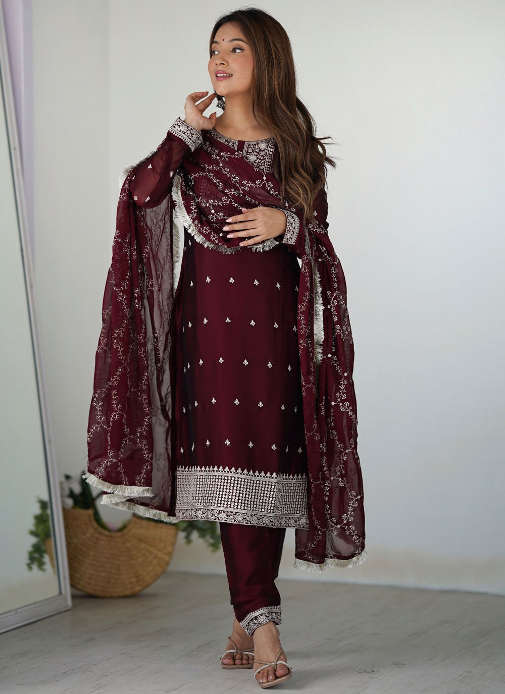 Pant Style Suit Embroidered Maroon T7635