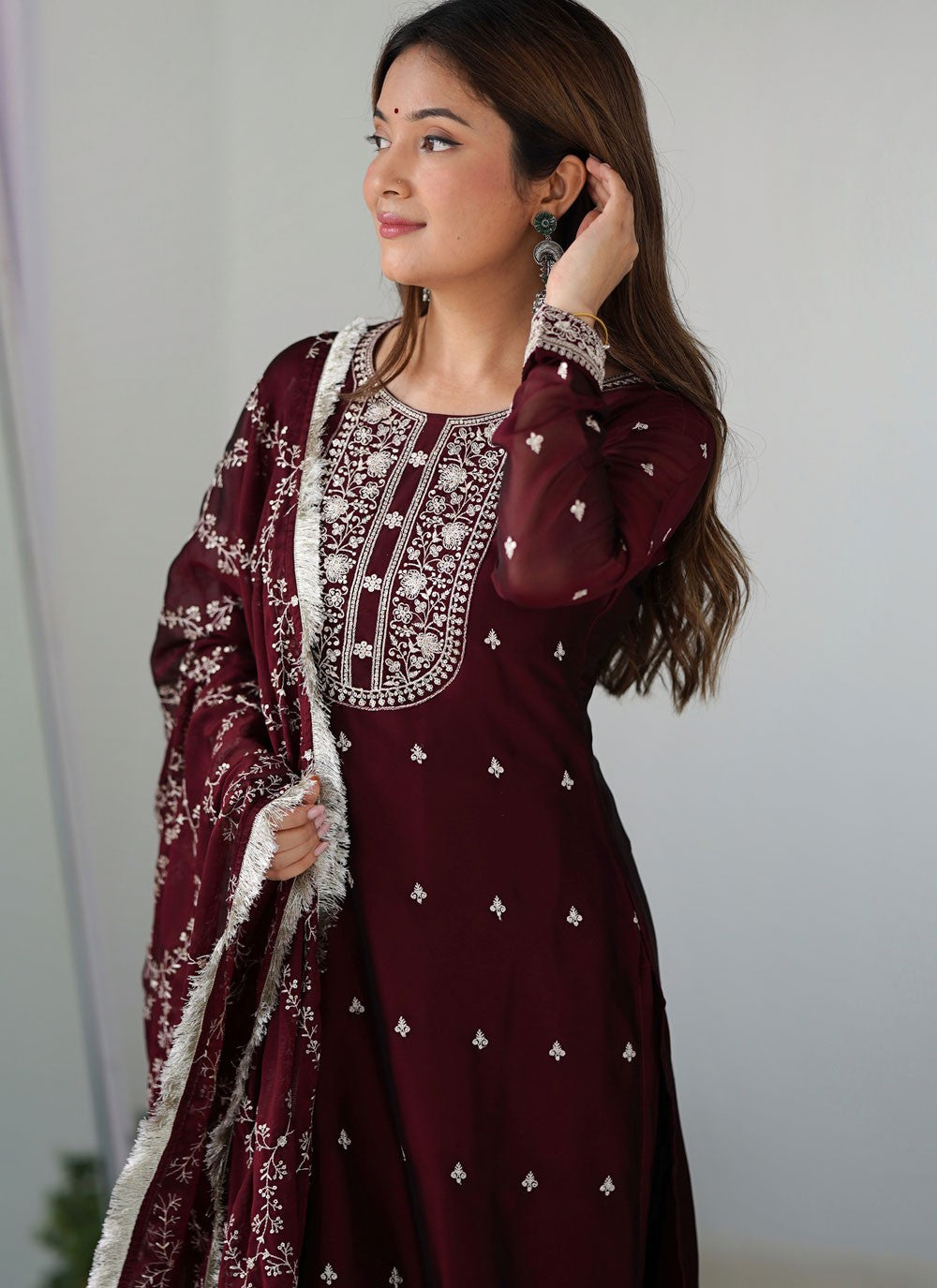 Pant Style Suit Embroidered Maroon T7635