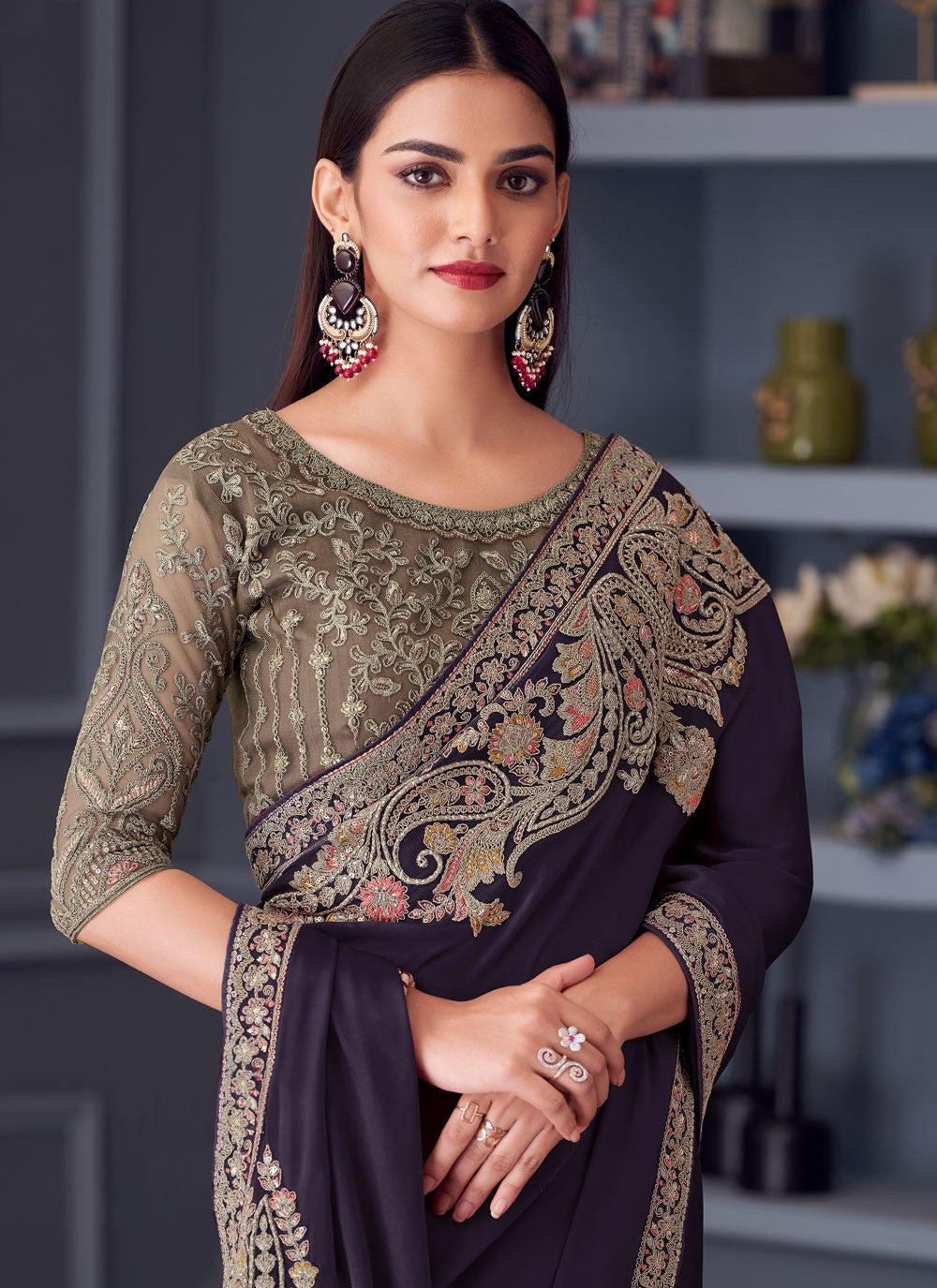 Embroidered Satin Silk Purple Saree S14592
