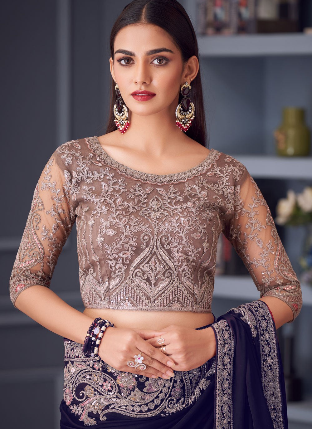 Embroidered Satin Silk Purple Saree S14592