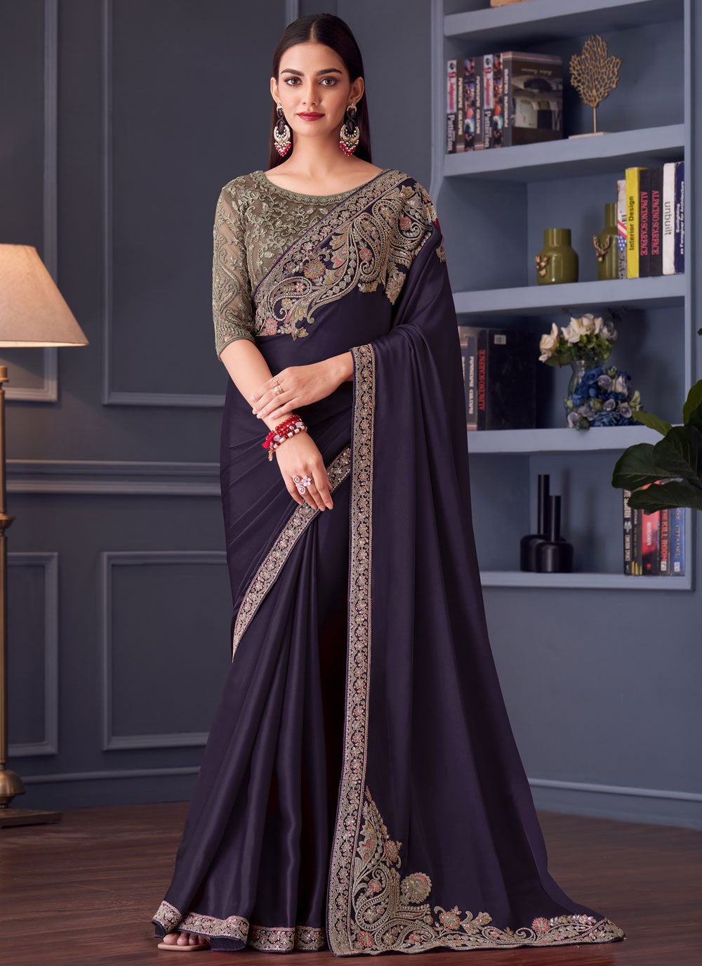 Embroidered Satin Silk Purple Saree S14592