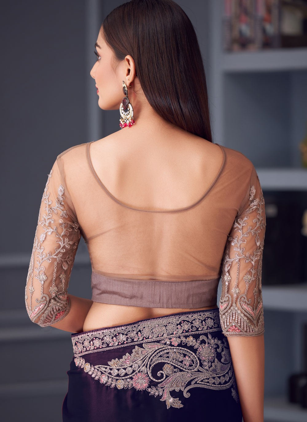 Embroidered Satin Silk Purple Saree S14592