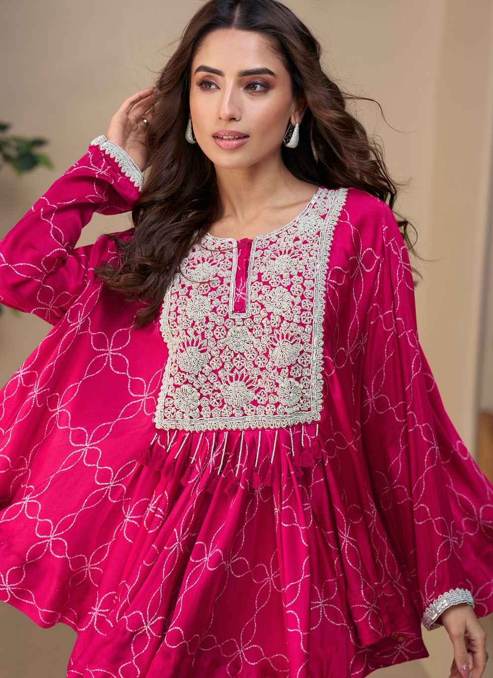 Palazzo Suit Embroidered Hot Pink T7841