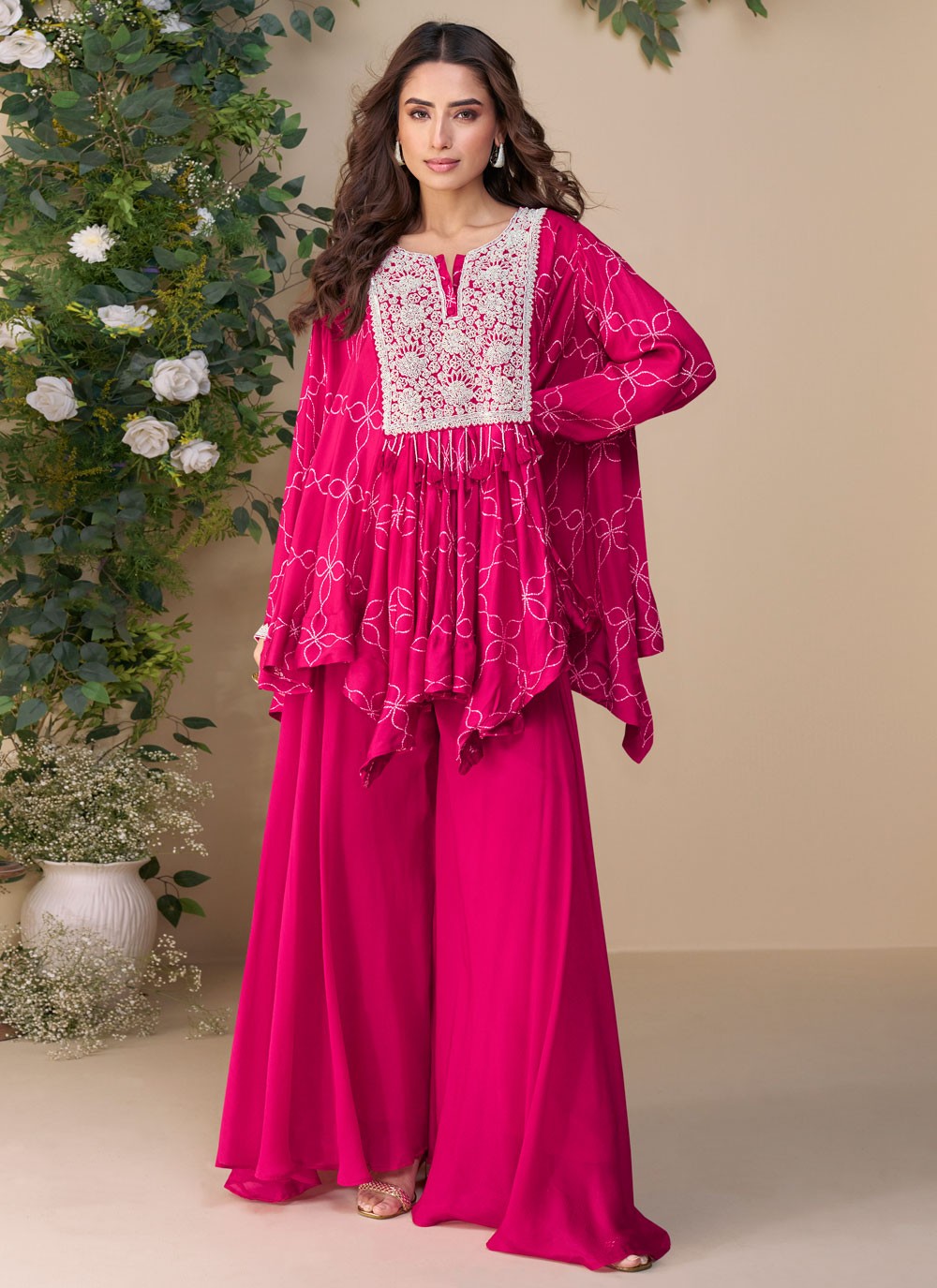 Palazzo Suit Embroidered Hot Pink T7841