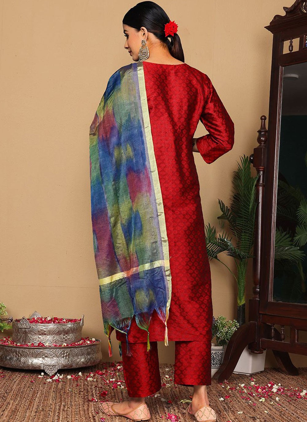 Pant Style Suit Embroidered Maroon Silk Blend T5645