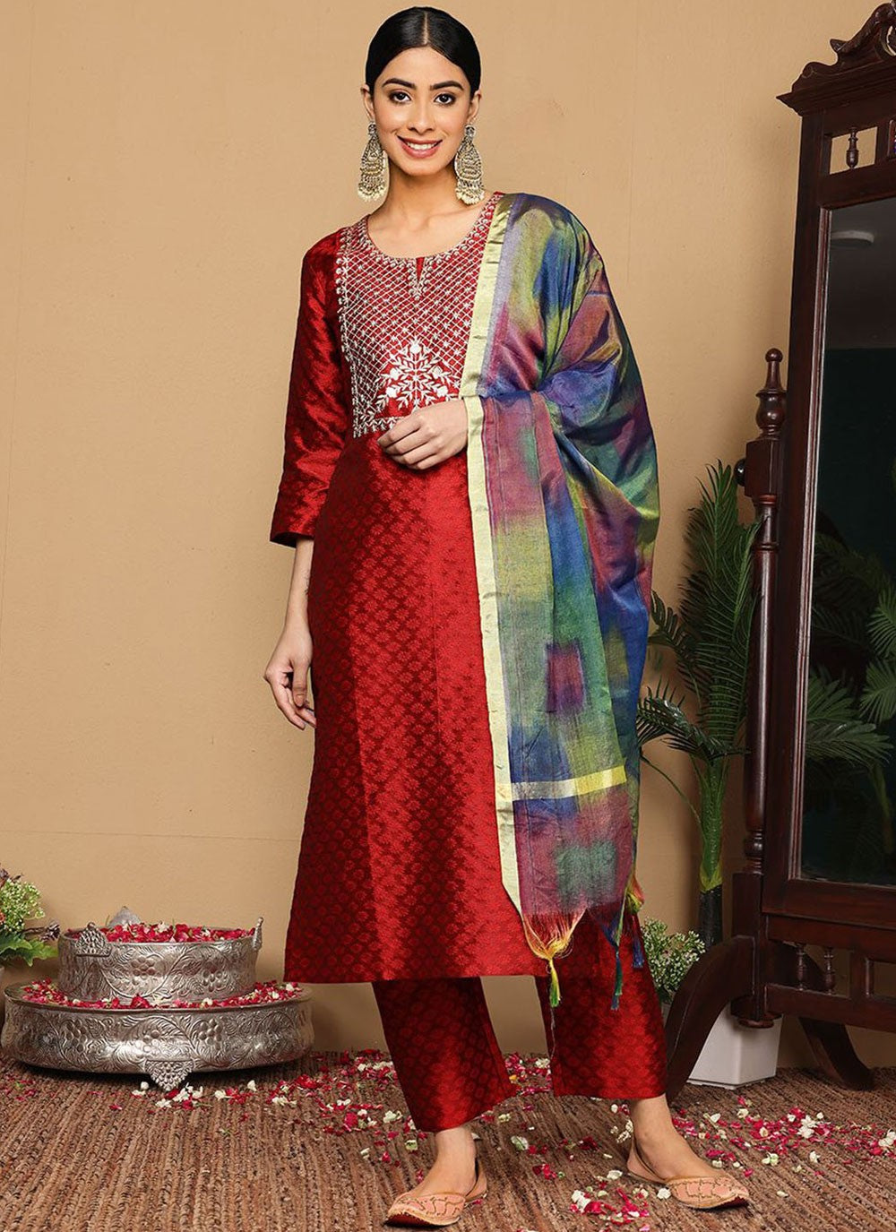 Pant Style Suit Embroidered Maroon Silk Blend T5645