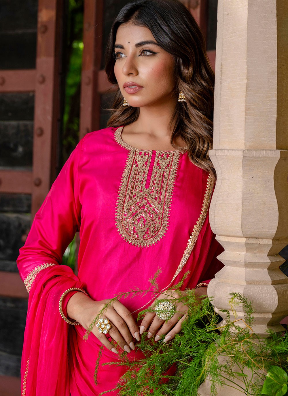 Pant Style Suit Embroidered Pink T8789
