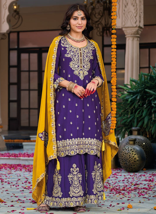 Salwar Suit Embroidered Violet Chinon T5508