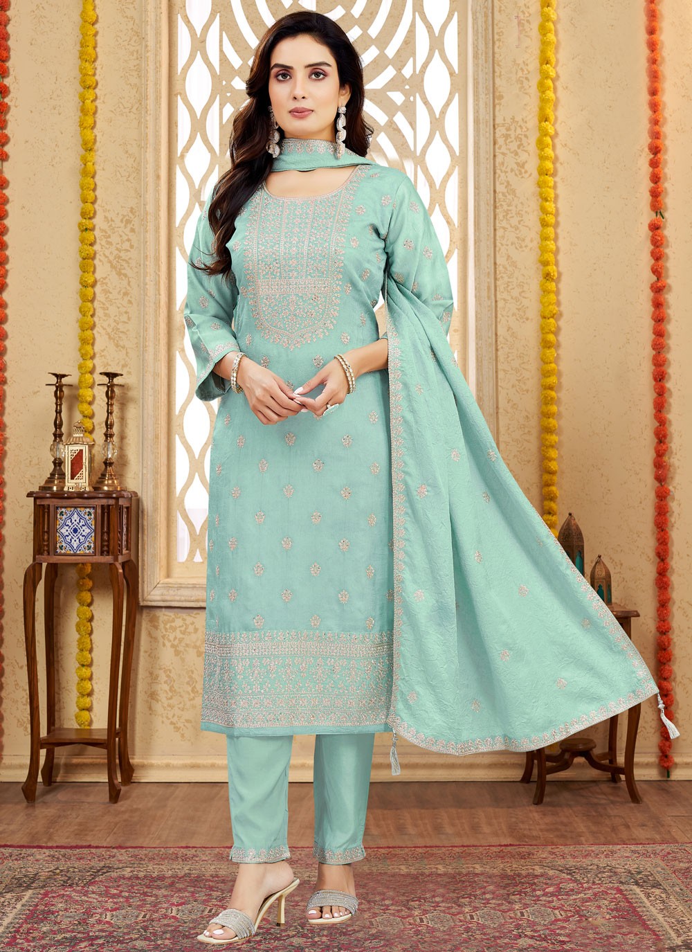 Pant Style Suit Embroidered Aqua Blue T7985