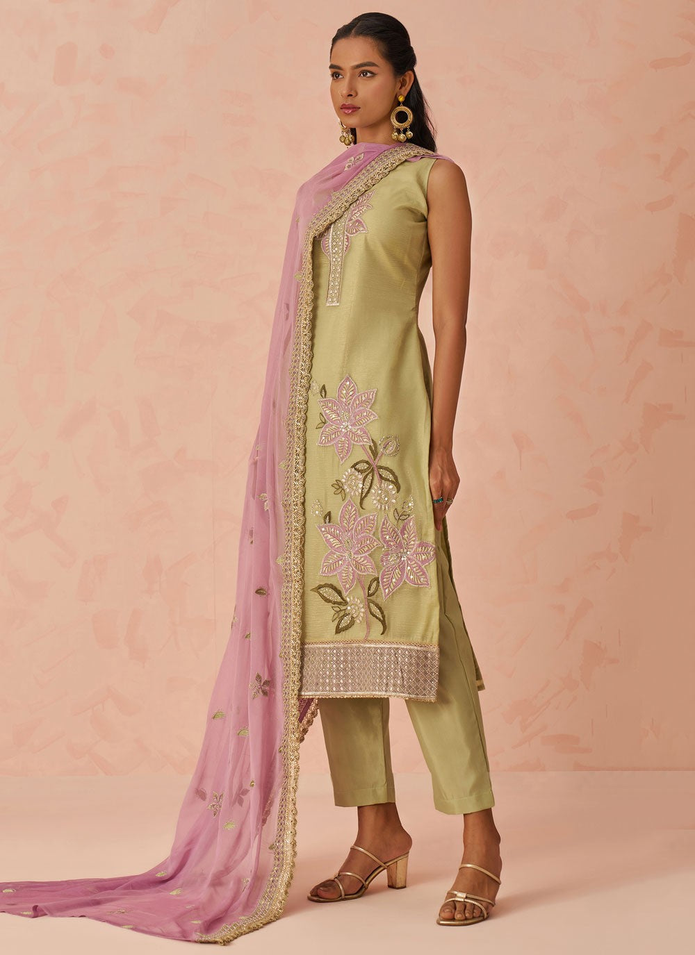 Pant Style Suit Embroidered, Sequins Green T7240