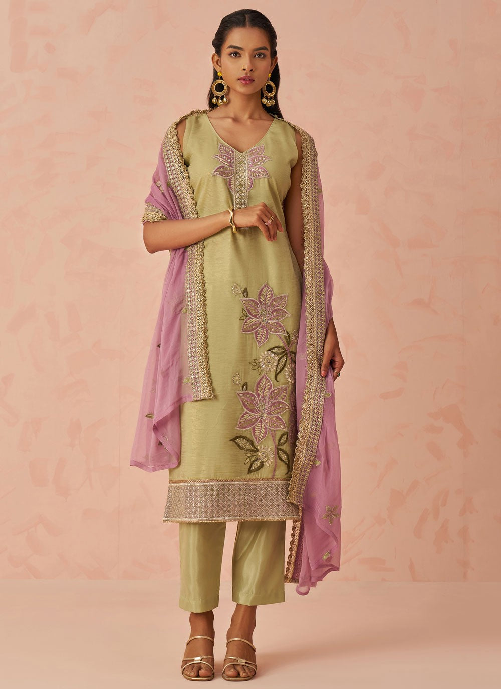 Pant Style Suit Embroidered, Sequins Green T7240