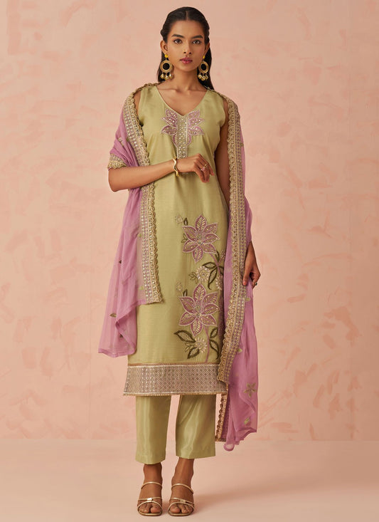 Pant Style Suit Embroidered, Sequins Green T7240
