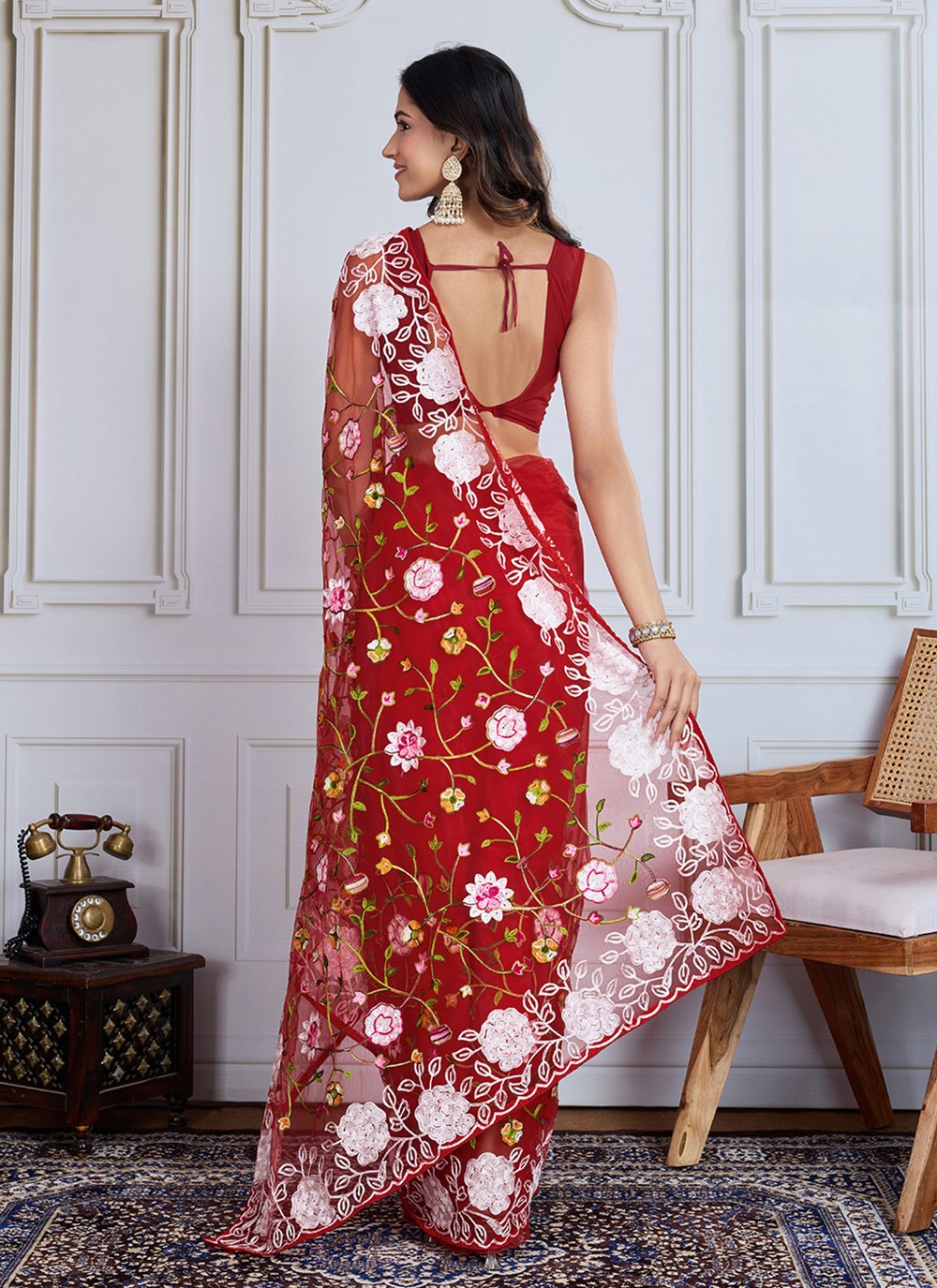 Embroidered Net Maroon Trendy Saree S14989