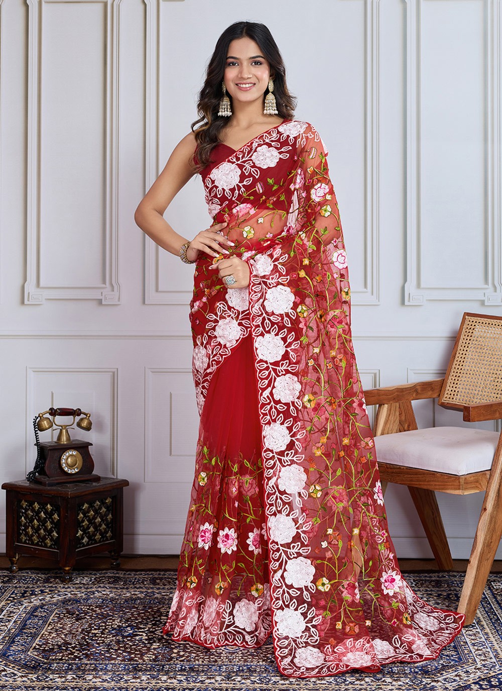 Embroidered Net Maroon Trendy Saree S14989
