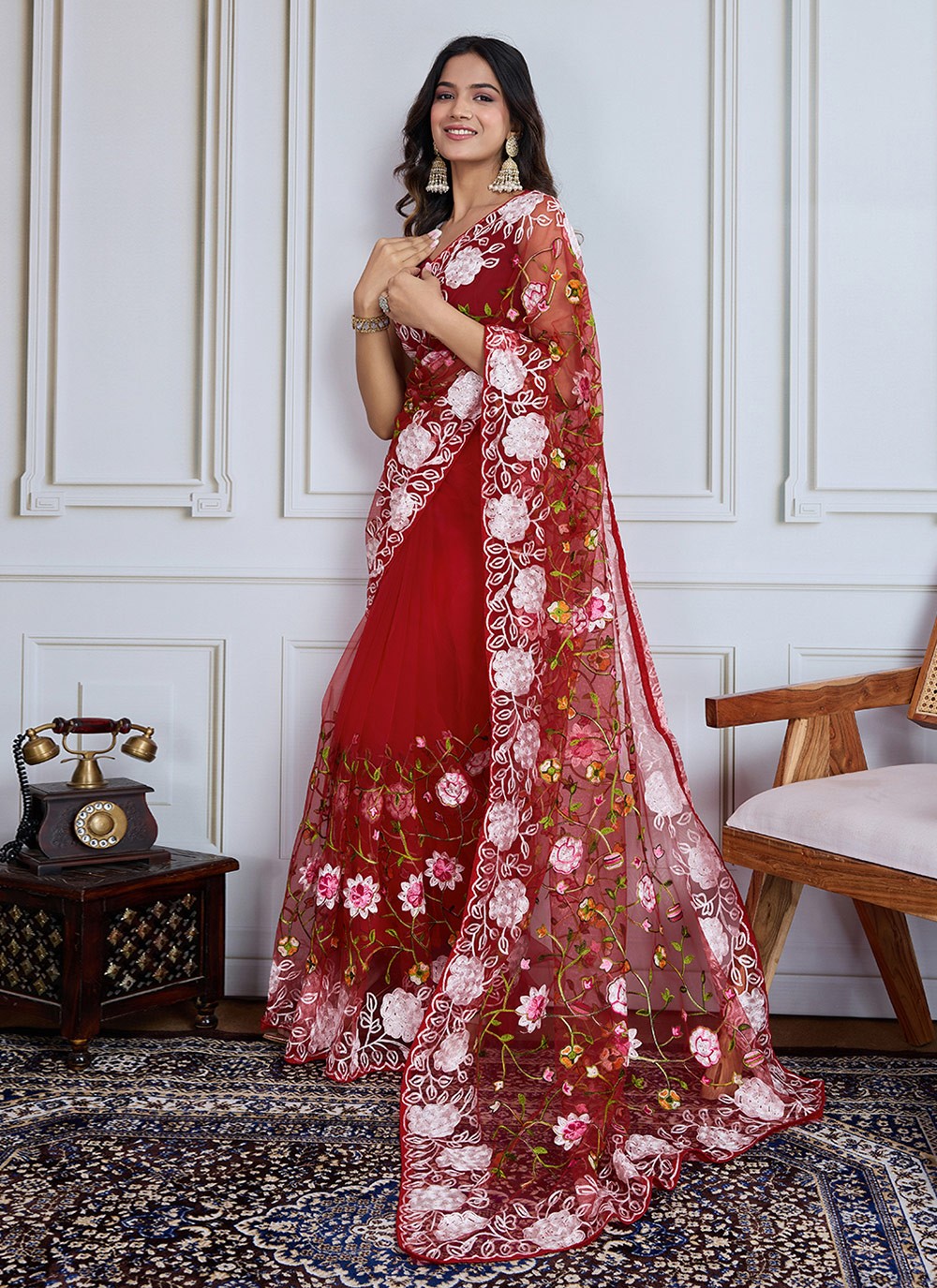Embroidered Net Maroon Trendy Saree S14989