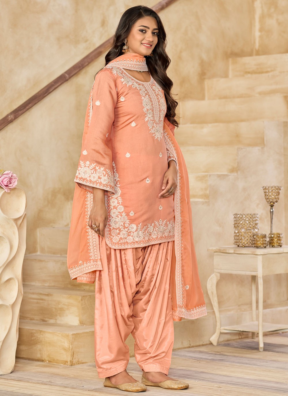 Patiala Suit Embroidered Peach T7628